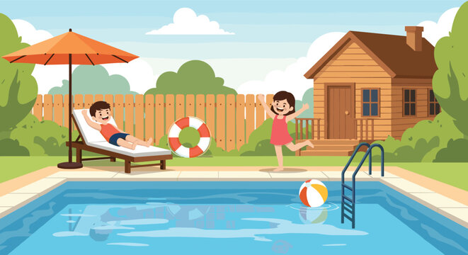 Two happy children enjoy a sunny summer day playing and relaxing by a swimming pool next to a wooden garden house.