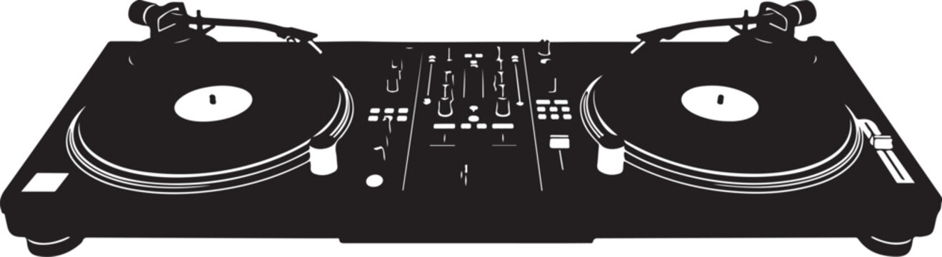 DJ turntable, vinyl records player, black sound mixer, professional audio equipment
