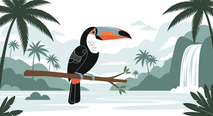 Fototapeta premium Colorful toucan sits peacefully on a tree branch in a lush tropical rainforest with a waterfall and palm trees.