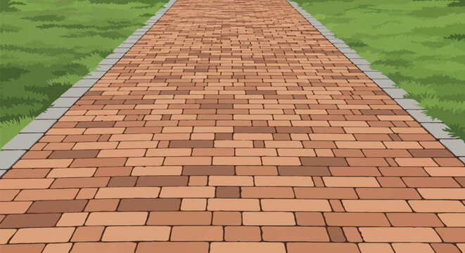 Illustration of a red brick walkway path with grey stone edging leading through a green grass lawn, low-angle perspective showing repeating masonry pattern in a garden backyard.