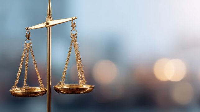 Justice scales with a bokeh background, representing legal fairness and ethical judgment. The golden balance symbolizes impartiality and truth