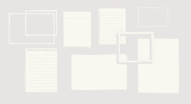 Blank paper notes and frames on a light grey background, copy space