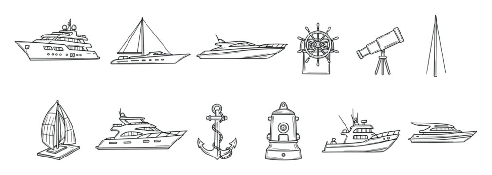 Collection of hand drawn outline nautical vessels and marine equipment for travel themes