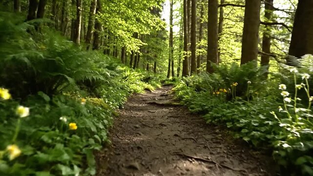 A sun dappled forest path winding through lush green trees and foliage