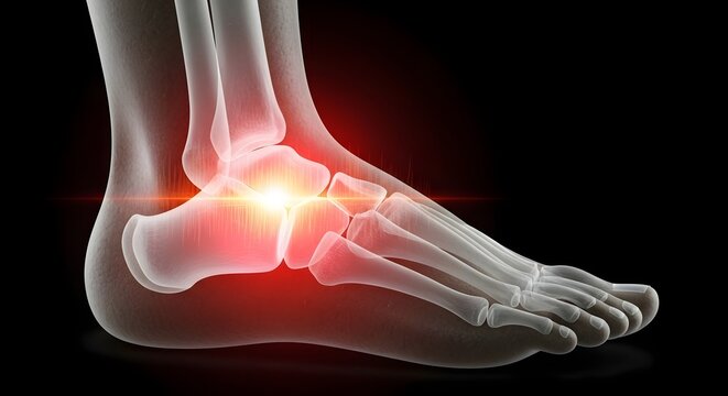 Human foot anatomy and ankle bone structure. Orthopedic diagnosis and fracture visualization. Side view of foot bones with glowing red inflammation center on black background