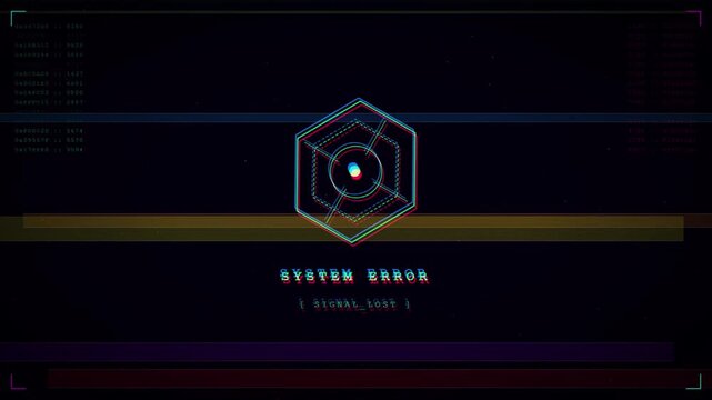 System Error Signal Lost Glitch Effect with Hexagon Icon and Hex Code on Dark Background