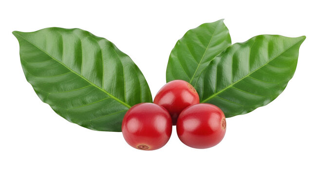 Three ripe red coffee cherries with two large green leaves, isolated on transparent background