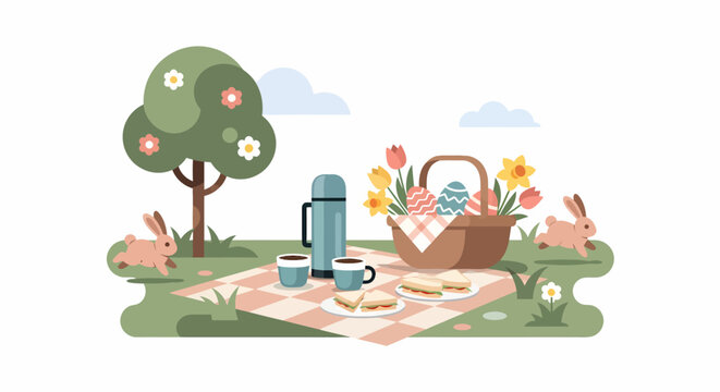 Spring Picnic Scene with Rabbits and Flowers.