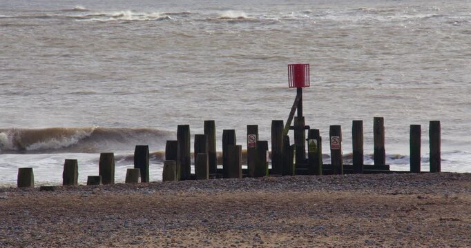 Wide shot of groynes on south beach at Lowestoft