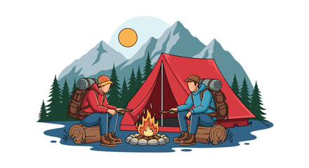 Naklejka premium Two campers sitting on logs by a bonfire in front of a red tent in a mountain forest landscape during sunset.
