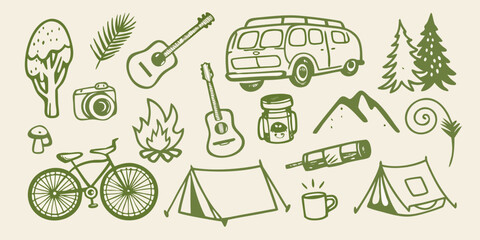 Hand drawn camping and outdoor adventure doodles with guitar tent and van high quality professional © Asit