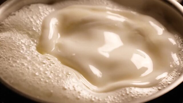 Closeup of a single egg cooking in hot pan with bubbling white sauce