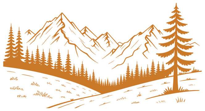 Hand drawn line art mountain design featuring minimalist mountain peaks and pine trees illustration for nature branding, outdoor adventure visuals, and modern vector artwork.