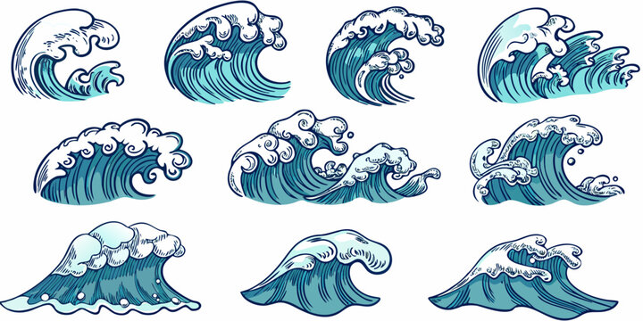 Ten hand drawn wave illustrations with varying shapes and styles on a white background