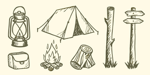 Camping equipment sketch set including lantern tent campfire backpack and signpost high quality professional detailed © Asit