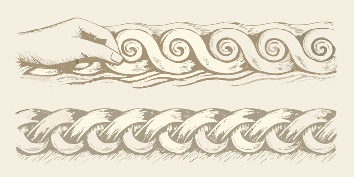 Hand drawn continuous waves repeating pattern vintage style sketch on beige background high quality professional