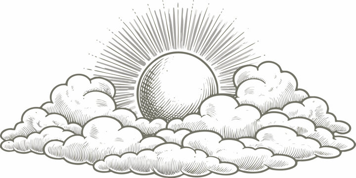 Hand drawn sun bursting through clouds vintage style engraving on white background high quality professional