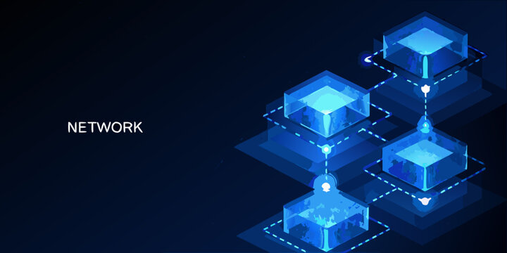 Interconnected 3d cubes with glowing lines and nodes on a dark blue background high quality