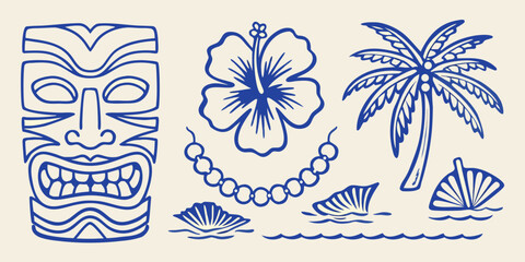 Polynesian tiki mask hibiscus flower and seashell line art illustration on a beige background © Asit