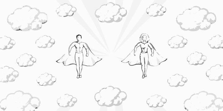 Two caped figures with radiating light sketched illustration against a cloudy background high quality professional