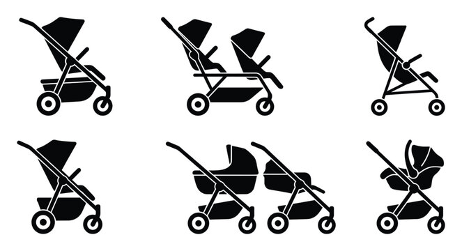 Baby stroller, buggy, pram, and infant car seat carrier silhouettes for parenting or child product icons