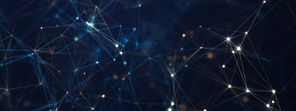 Abstract digital network background with glowing blue and orange connection lines and dots. Concept for 5G technology, big data, cloud computing, global communication, and cyber security systems.
