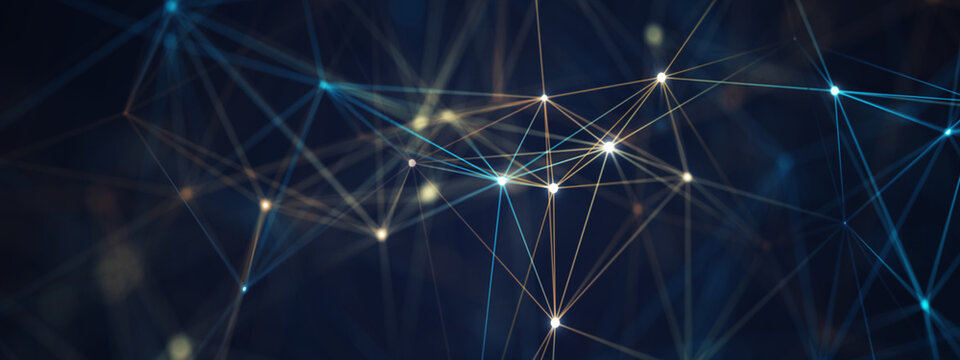 Abstract digital network background with glowing blue and orange connection lines and dots. Concept for 5G technology, big data, cloud computing, global communication, and cyber security systems.