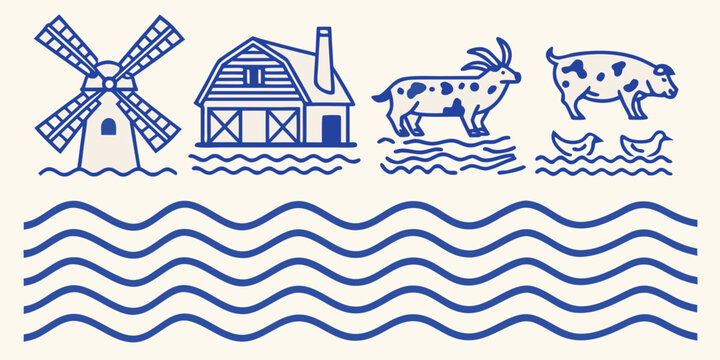 Line drawing of a dutch windmill american barn goat cow and duck over wavy lines