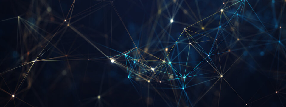 Abstract digital network background with glowing blue and orange connection lines and dots. Concept for 5G technology, big data, cloud computing, global communication, and cyber security systems.