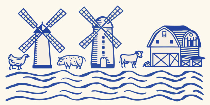 Blue line art illustration of dutch windmills american barn cow pig and chicken high quality