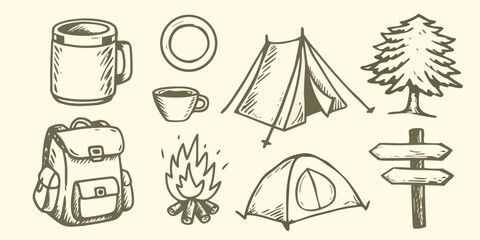 Camping equipment sketch set with tent backpack campfire and forest elements in brown tones © Asit