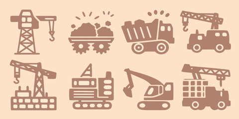Construction equipment icons set including cranes dump trucks and excavators in a flat style © Asit