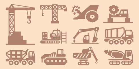 Construction machinery icons set including cranes dump trucks and excavators in a flat style © Asit