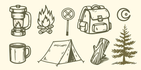 Camping equipment sketch collection with stove tent backpack and coniferous tree high quality professional detailed © Asit
