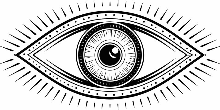 Detailed eye illustration black and white graphic with radiating lashes on white background high quality