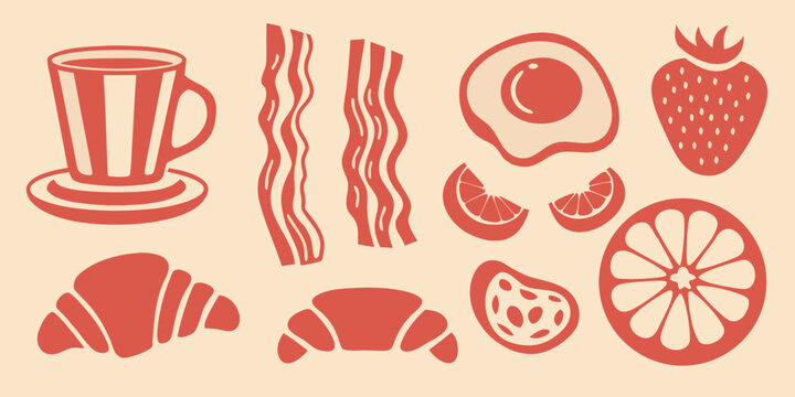 Breakfast food silhouettes including coffee bacon eggs croissants and fruit on a beige background