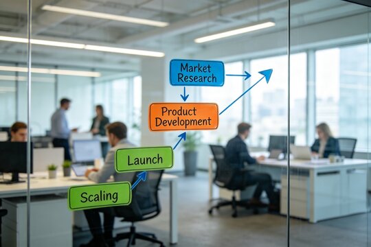 Modern office with business process flowchart