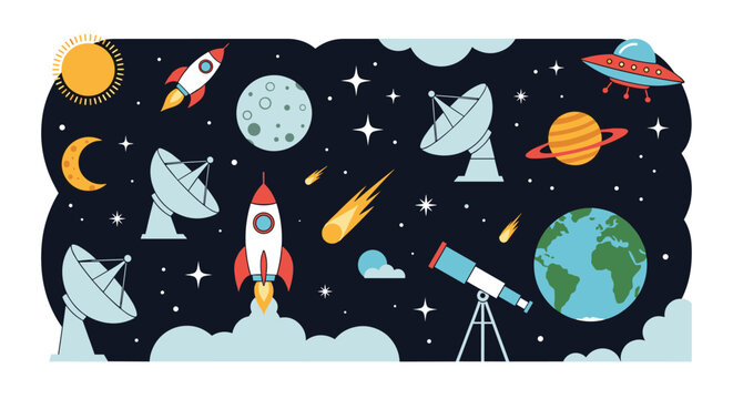 Space exploration flat design illustration features colorful rockets, diverse planets, satellites, and star patterns in the dark night.