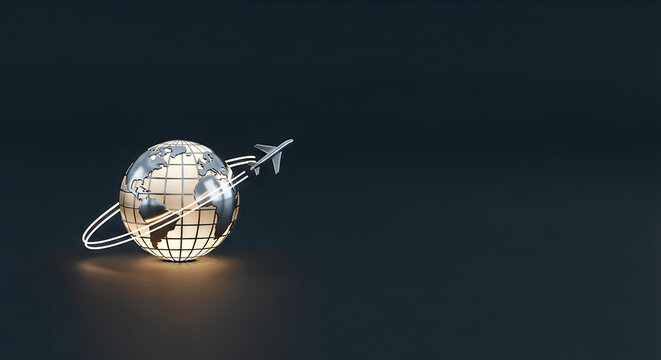 3d metallic globe with an airplane flying around it on a dark background