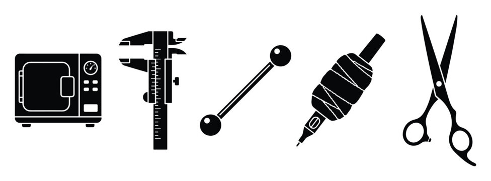 Monochromatic icons representing kitchen equipment, engineering measurement, body jewelry, tattoo device, and cutting scissors for digital presentations