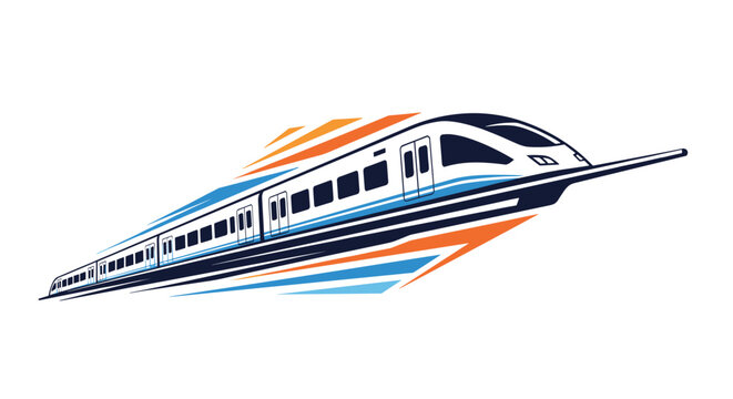 Sleek and modern high-speed train logo featuring a white and blue locomotive with dynamic orange and light blue speed trails.