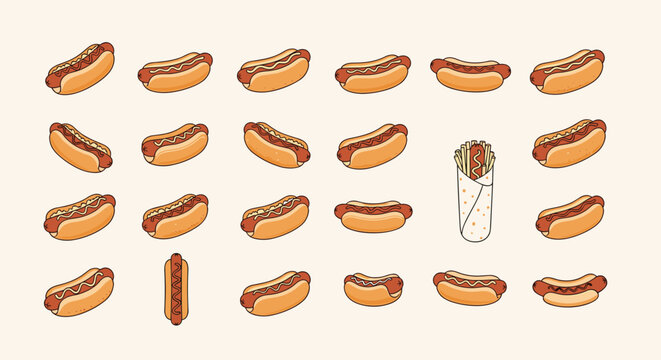 Fun set of various hot dog illustrations with different toppings along with a wrapped burrito or shawarma on a cream background.