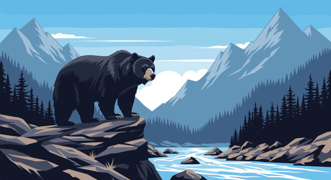 Large black bear stands alert on a rocky cliff overlooking a blue river valley surrounded by tall pine trees and majestic snowy mountain peaks.