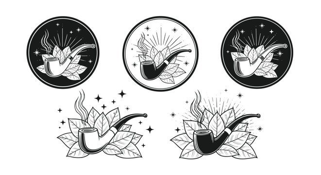 Collection of sophisticated logos and illustrations featuring smoking pipes nestled in tobacco leaves with celestial elements.
