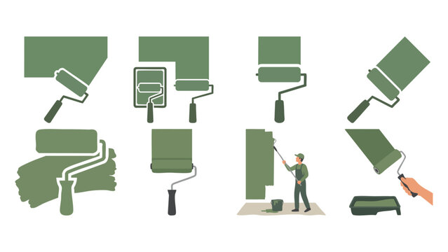 WALL PAINTING - Paint roller applying a fresh coat of sage green hue  Flat Vector Illustration on Transparent Background