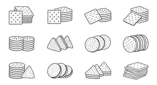 Collection of different cracker and biscuit shapes including square, round, and triangular varieties in detailed line art style.