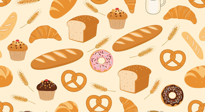 Seamless pattern of fresh bakery products including bread loaves, croissants, pretzels, muffins, and wheat stalks on a cream background.
