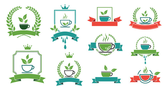 Set of green tea and herbal beverage logos featuring steaming cups, mint leaves, and elegant heraldic wreaths for healthy branding.