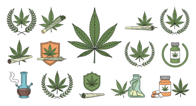 Cannabis culture illustrations including marijuana leaves joints bongs and medical medicine bottles for legal herbal shop branding.