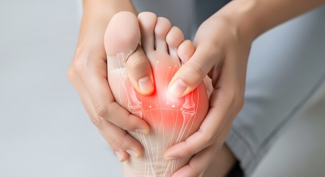 Human foot anatomy and metatarsal pain relief. Podiatry treatment and orthopedic health. Hands massaging a foot with glowing red bone and nerve structure